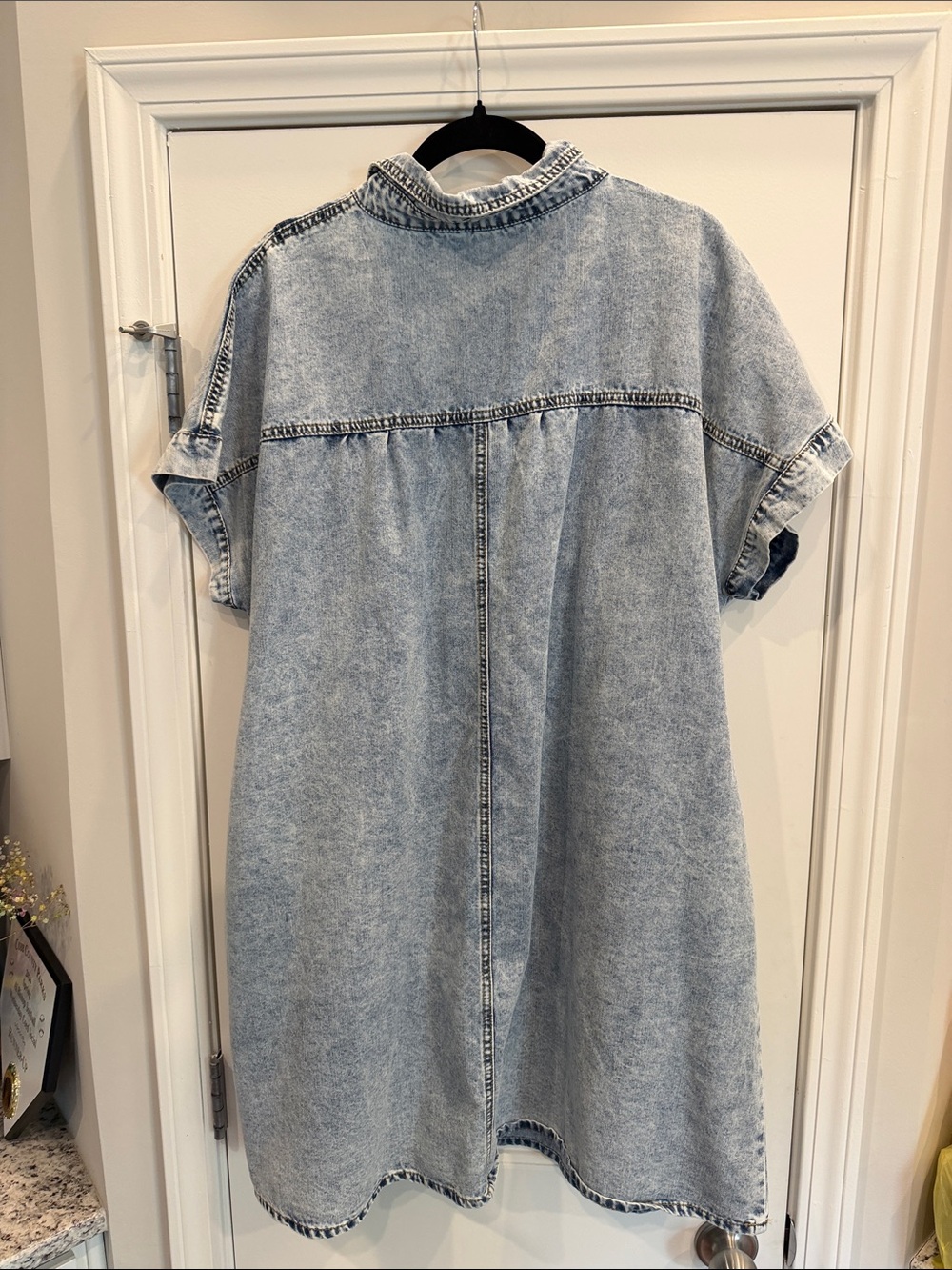 Light Wash Denim Tunic Dress - Casual Short Sleeve - Picture 3 of 3